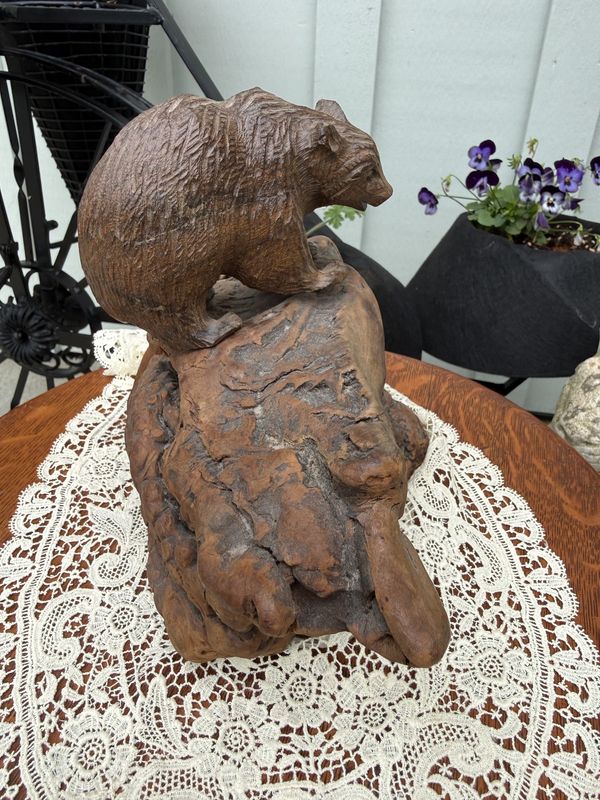 Carved Primitive Bear on Burled Root Wood Rock