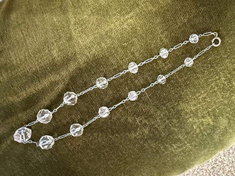 Deco Era Sterling and Rock Crystal Faceted Bead Choker Necklace