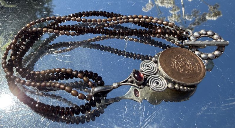 Artisan Made Necklace Double Strand Glass and Pearl w/Sterling Garnet Gwalior India Coin