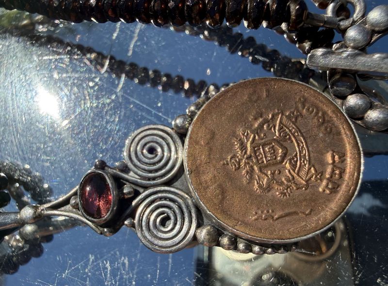 Artisan Made Necklace Double Strand Glass and Pearl w/Sterling Garnet Gwalior India Coin