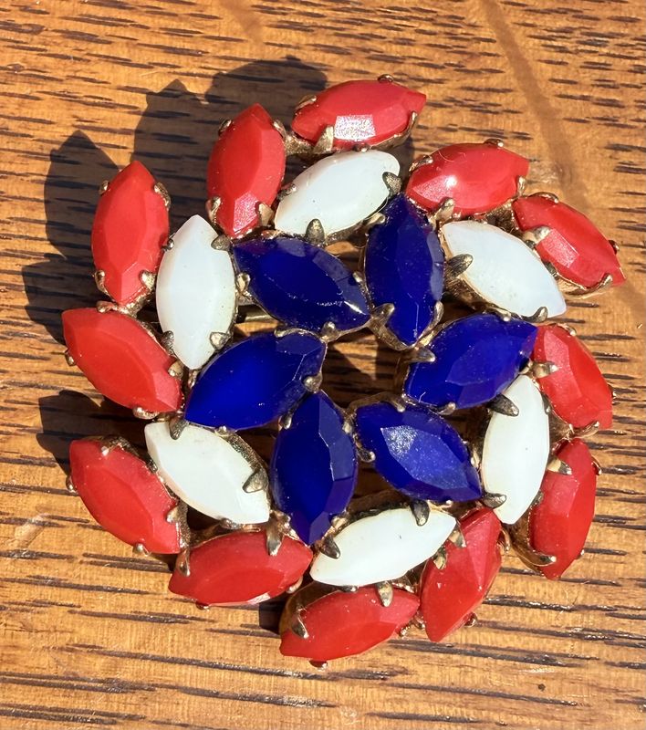 1960s Red, White, and Blue Rhinestone Circular Brooch