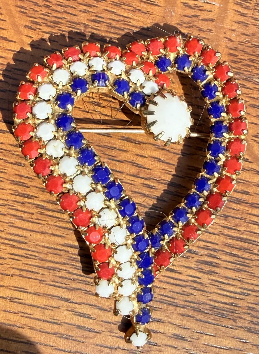1960s Red, White, and Blue Rhinestone Heart Brooch