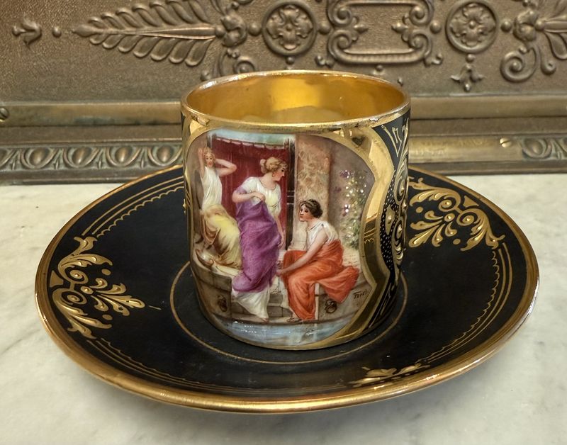 Royal Vienna Neoclassical Scene Hand Painted demitasse Cup and Saucer Austria
