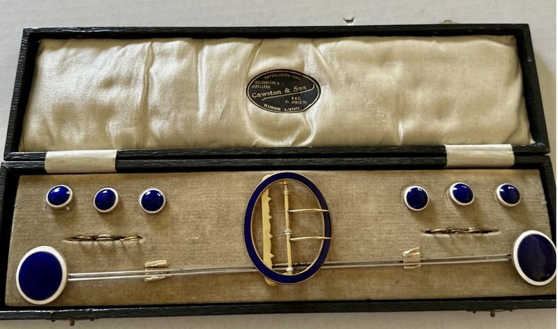 Antique Cobalt and White Enamel Hat Pins and Buttons in Antique Box