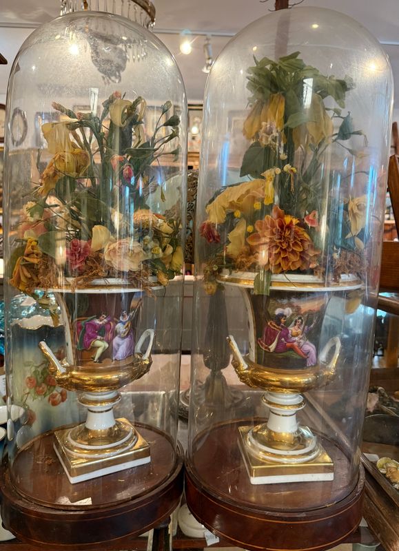 Pair Early 19th Century Glass Cloches with Wax Arrangement in French Porcelain Urn Vases
