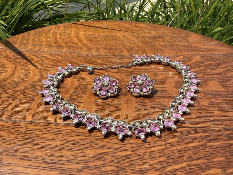 Trifari Vintage Pink and Aurora Rhinestone Necklace and Clip Earrings