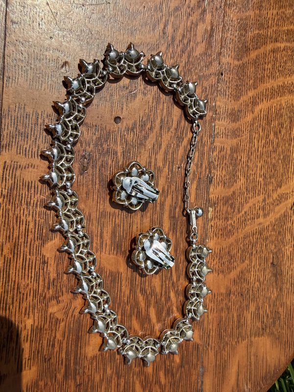 Trifari Vintage Pink and Aurora Rhinestone Necklace and Clip Earrings