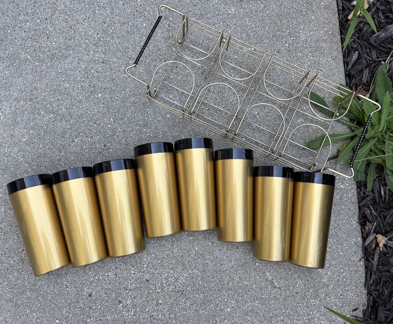 Mid Century West Bend Thermo Serv Tumblers Set of 8 in Original Wire Rack