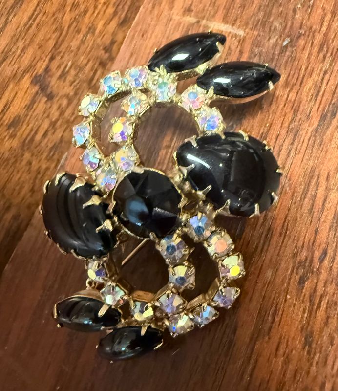 Vintage Goldtone Aurora Borealus Black Rhinestone Brooch