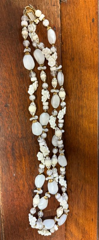 Vintage Double Strand White Glass Bead Necklace Metal Clasp