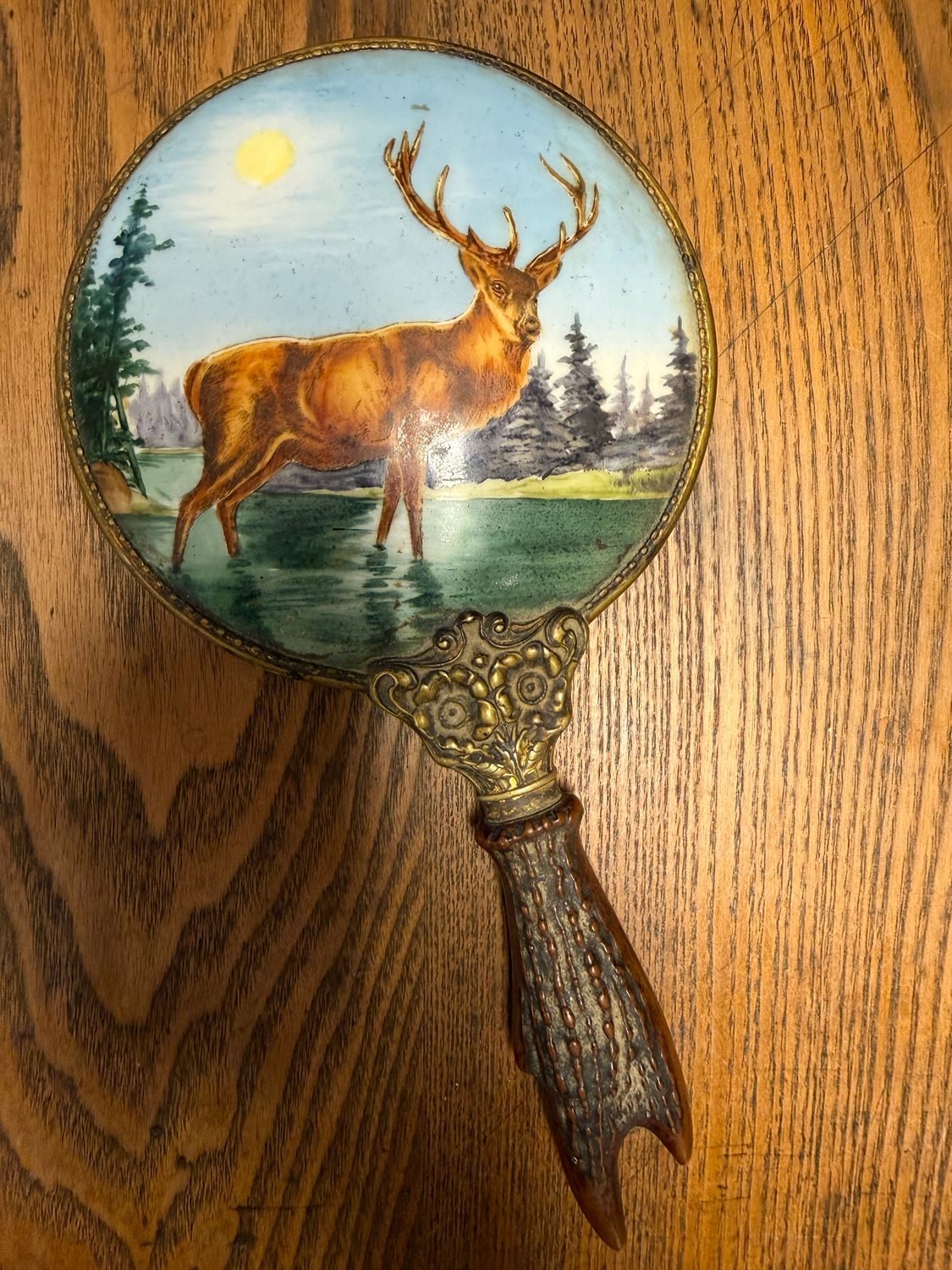 Antique Hand Painted Buck Deer Antler Handle Mirror