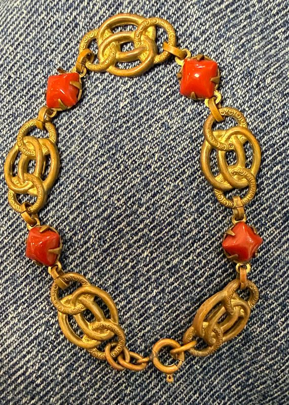 Vintage Stamped Brass and Faux Coral Cabochon Bracelet