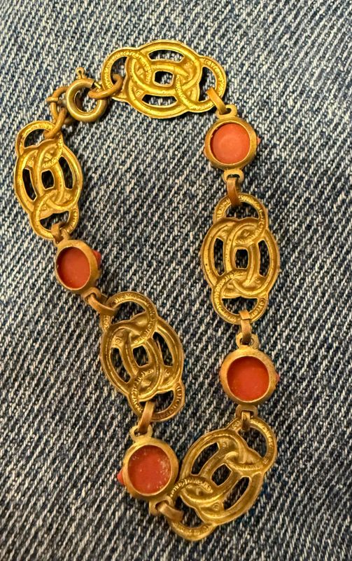Vintage Stamped Brass and Faux Coral Cabochon Bracelet