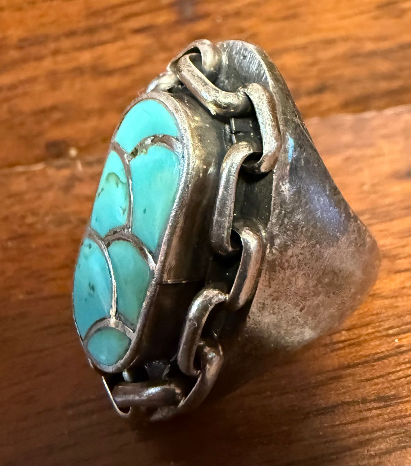 SZ 9.2Navajo Old Pawn Fish Scale Inlay Turquoise Silver Ring