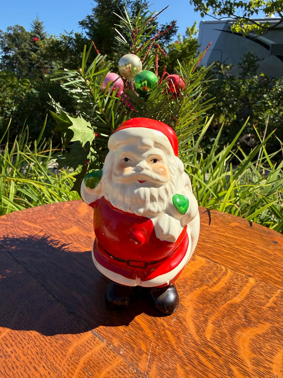 Santa Mid Century Ceramic Planter with Christmas Ornament Stake