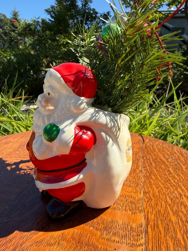 Santa Mid Century Ceramic Planter with Christmas Ornament Stake