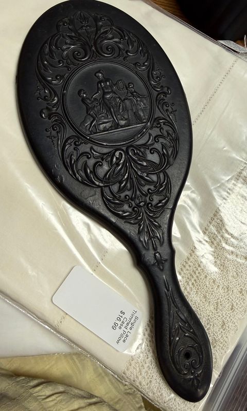 1866 Florence Gutta Percha Hand Mirror Harvest Puttis Cupids Beveled Mirror