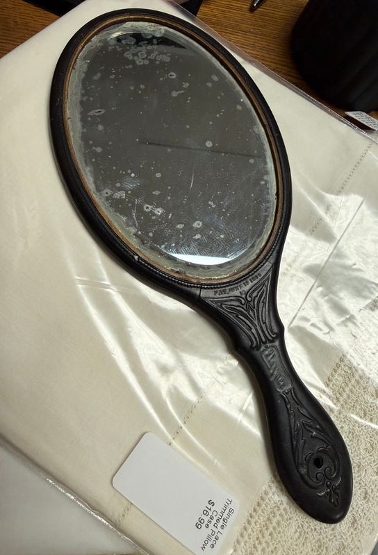 1866 Florence Gutta Percha Hand Mirror Harvest Puttis Cupids Beveled Mirror