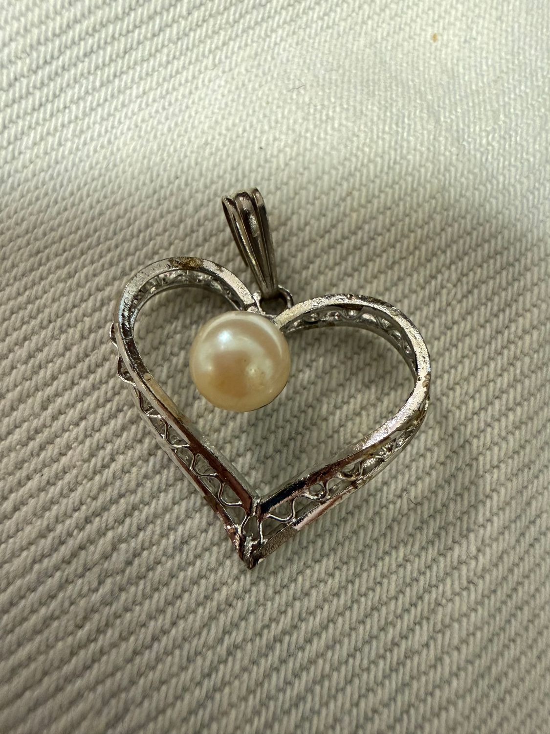 Silvertone and Faux Pearl Heart Pendant