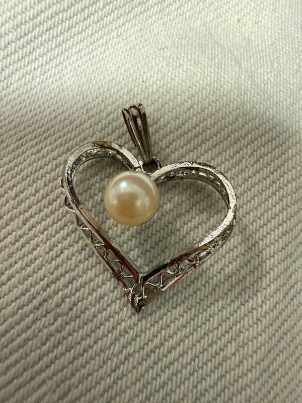 Silvertone and Faux Pearl Heart Pendant