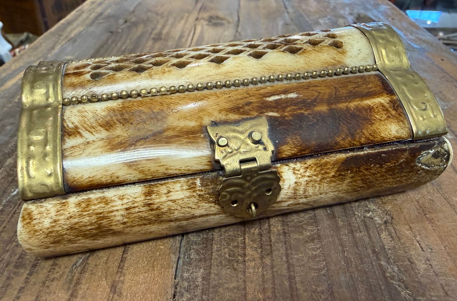 Carved Bone and Brass Hinged Box