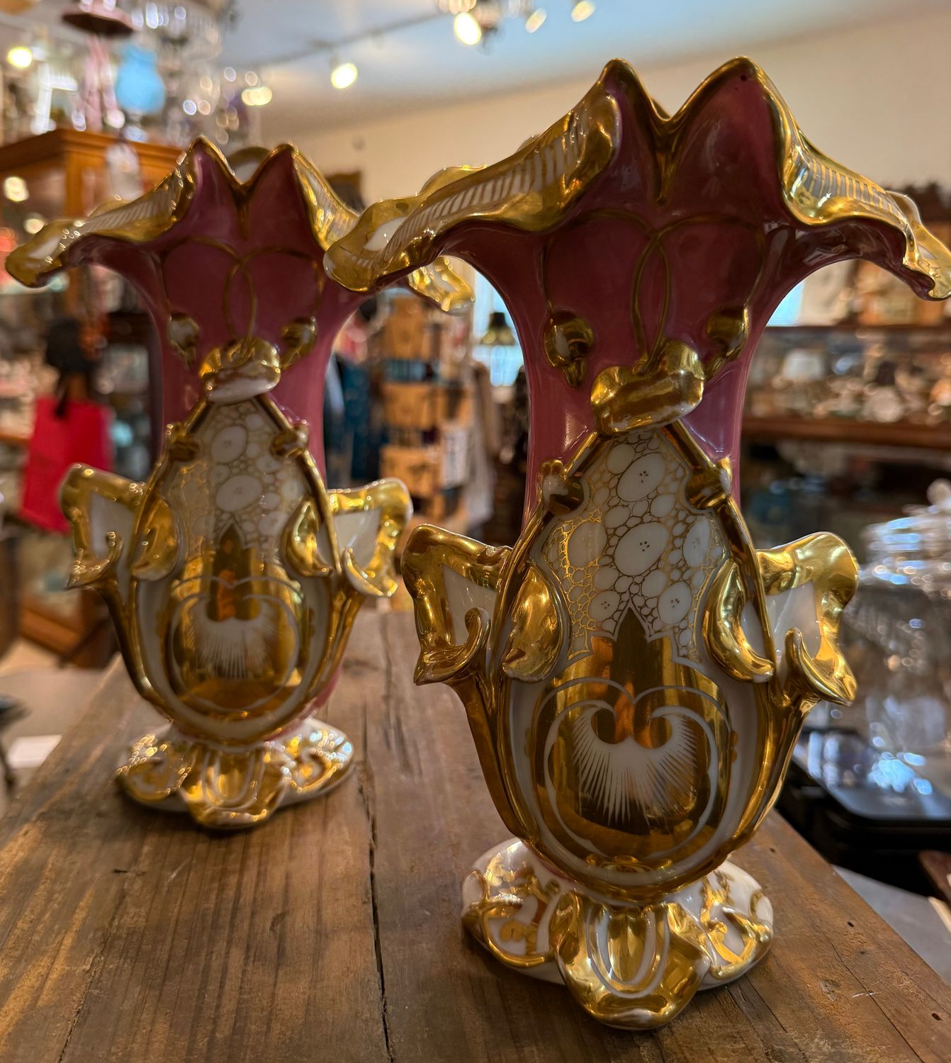 Pair Victorian Spill Vases Pink w/Gold Trim