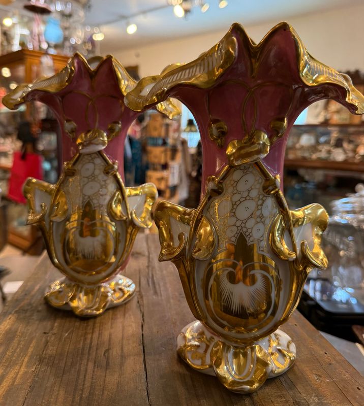Pair Victorian Spill Vases Pink w/Gold Trim