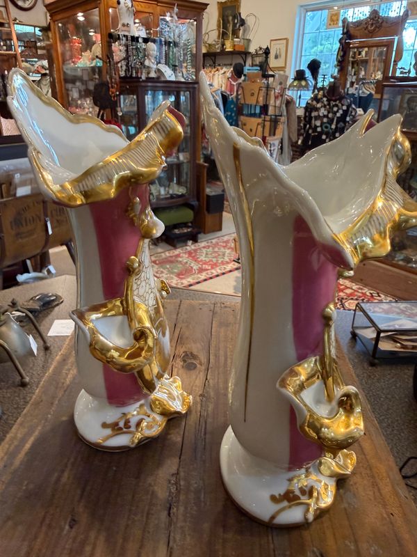 Pair Victorian Spill Vases Pink w/Gold Trim