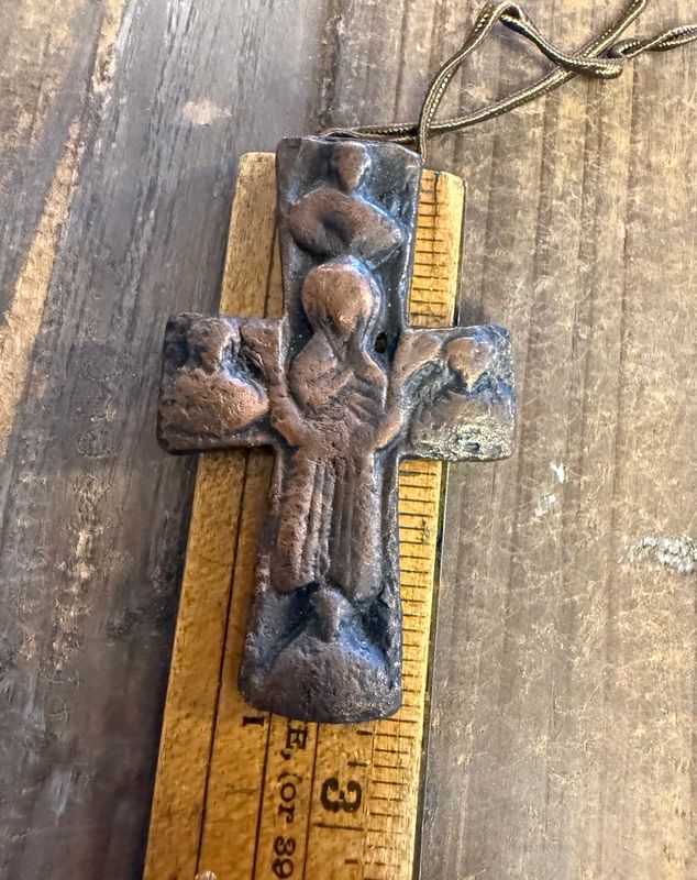 Byzantine Brutalist Bronze Crucifix on Silk Cord Vintage