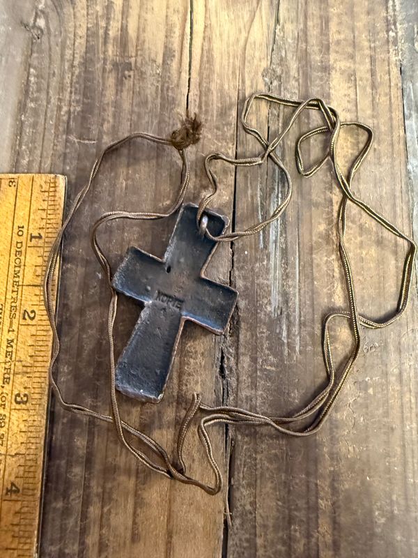 Byzantine Brutalist Bronze Crucifix on Silk Cord Vintage