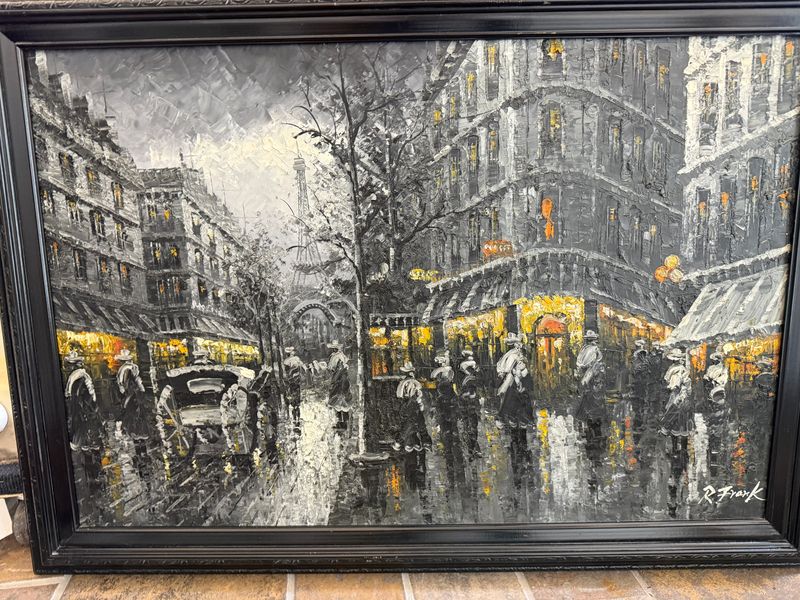 Paris Street Scene Painting Mid Century Large
