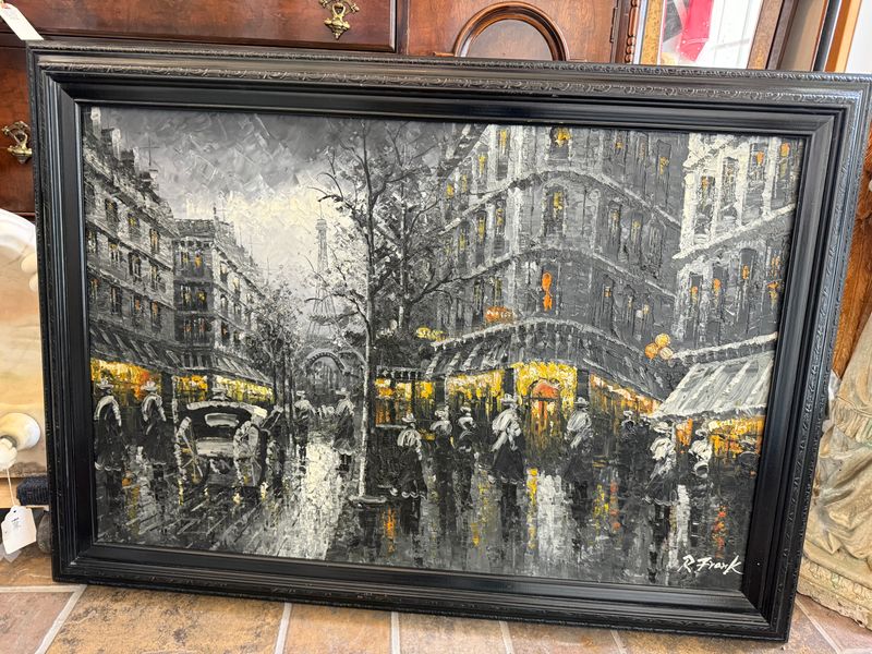 Paris Street Scene Painting Mid Century Large
