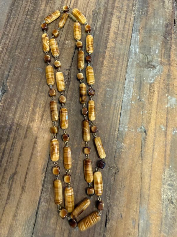 Vintage Wired Givre Glass Bead Necklace brown and Cream