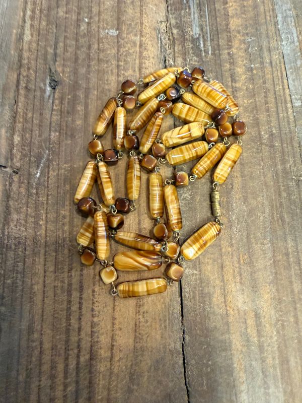 Vintage Wired Givre Glass Bead Necklace brown and Cream