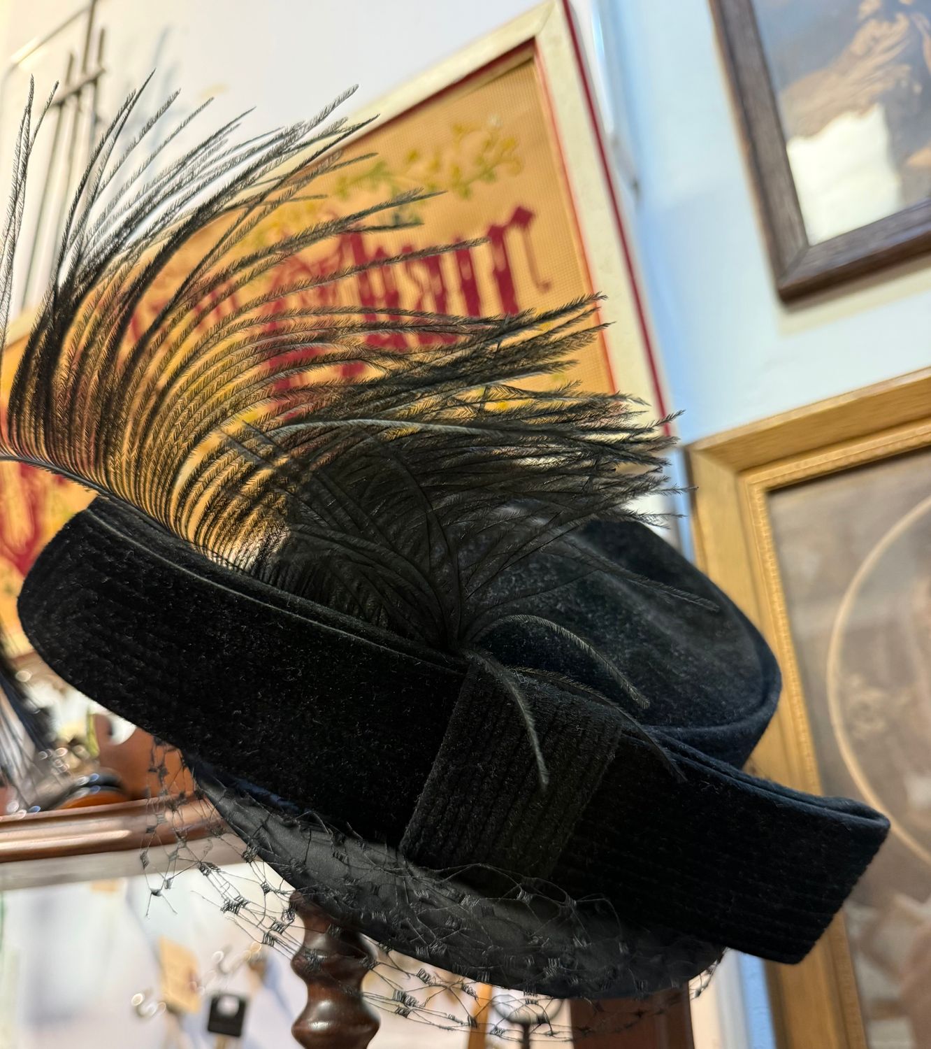 Junior Bee Vintage Hat Black with Ostrich Feather and Hat Pin