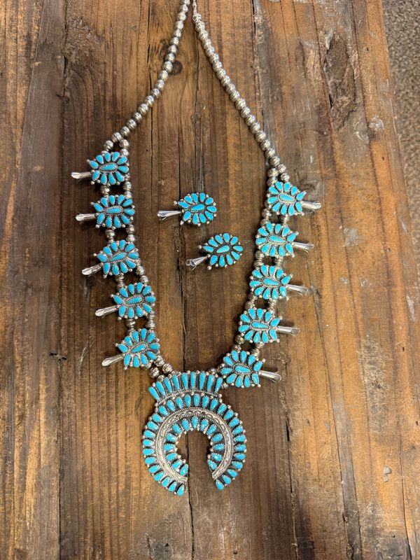Dennis Eagle Star Sleepy Eye Min Turquoise and Sterling Squash Blossom Clips and Necklace