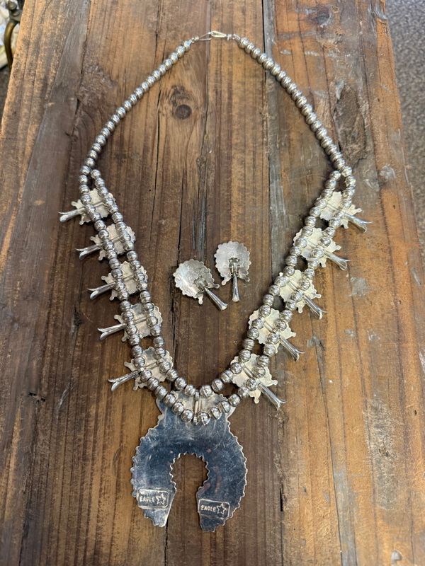 Dennis Eagle Star Sleepy Eye Min Turquoise and Sterling Squash Blossom Clips and Necklace