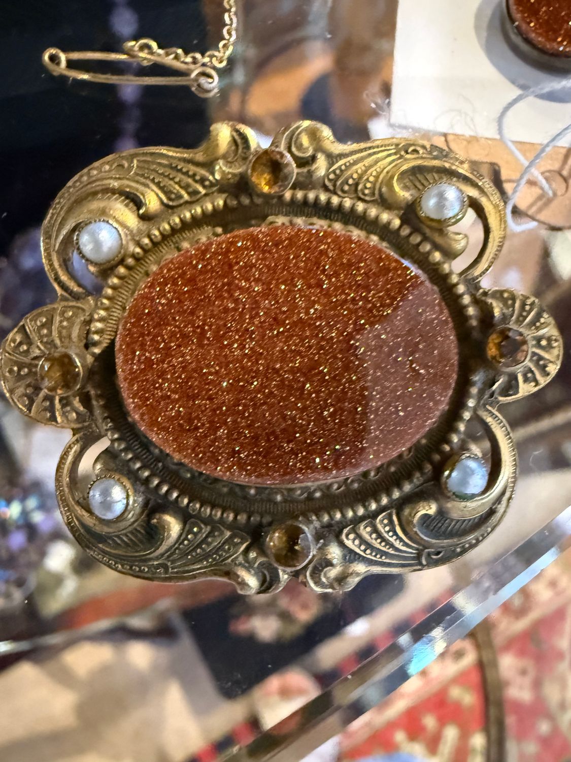 Victorian C-Clasp Goldstone Pearl Brass Brooch