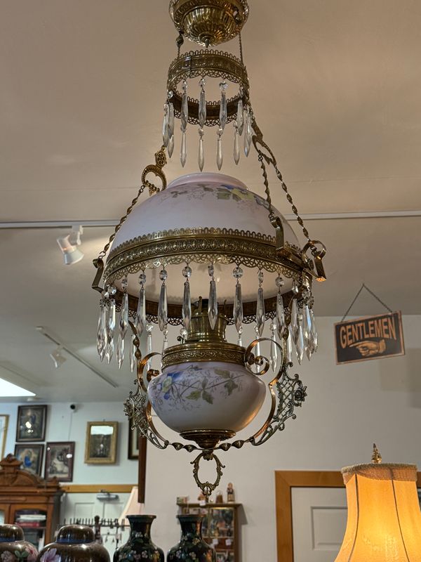 Victorian Painted Milk Glass Hanging Oil Lamp