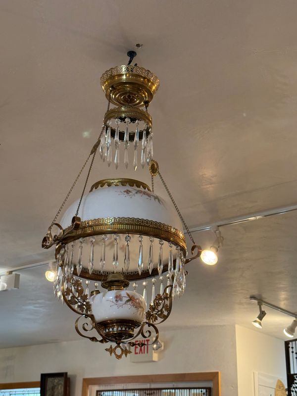Victorian Painted Milk Glass Hanging Oil Lamp