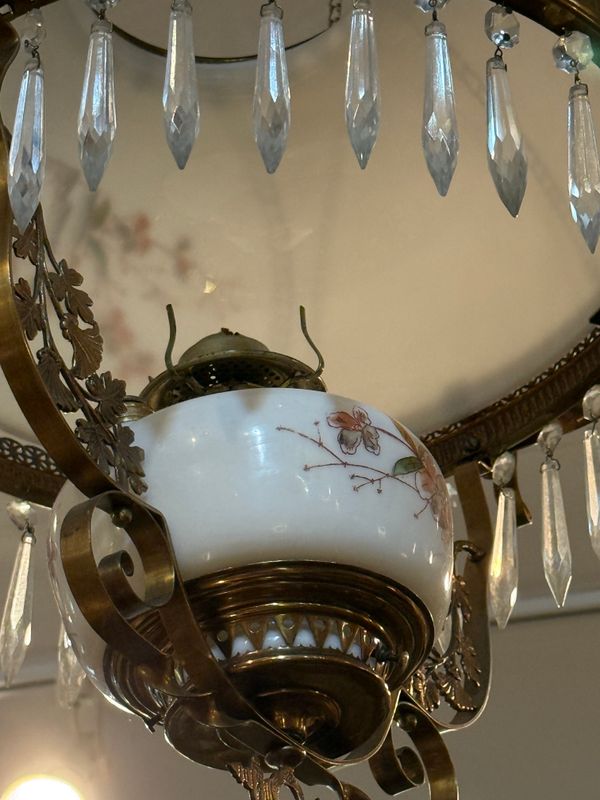 Victorian Painted Milk Glass Hanging Oil Lamp 2