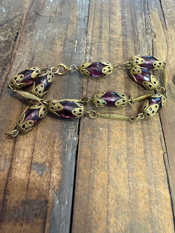 Antique Amethyst Glass Stamped Brass Bracelet Deco Circa 1920