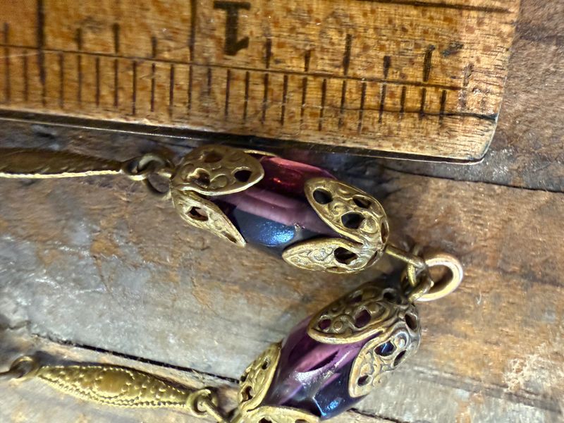 Antique Amethyst Glass Stamped Brass Bracelet Deco Circa 1920