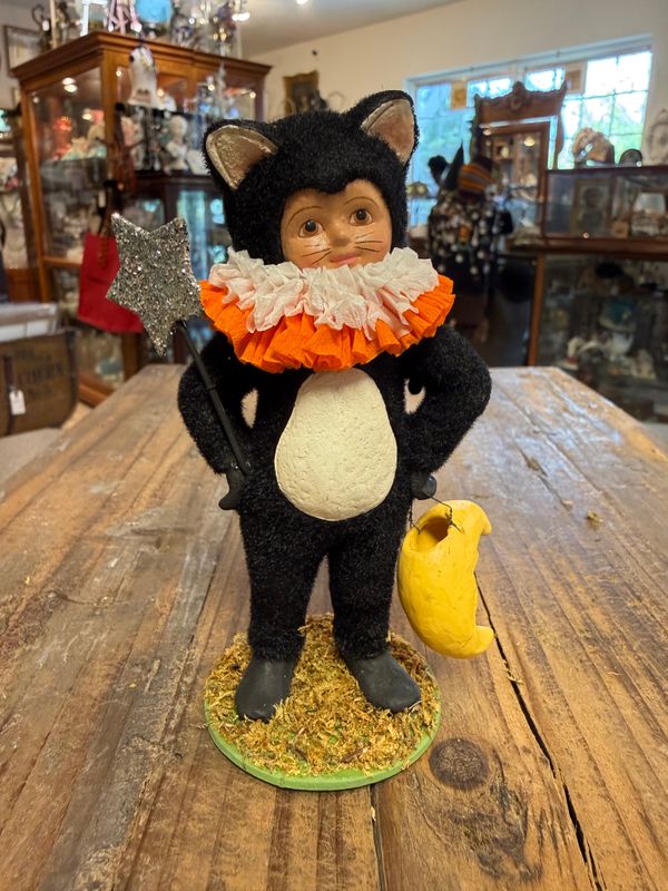 Bethany Lowe Black Cat Trick Or Treater w/Moon Bucket