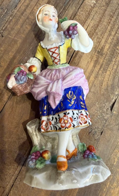 Chelsea Derby Victorian Porcelain Female Figure with Fruit Basket