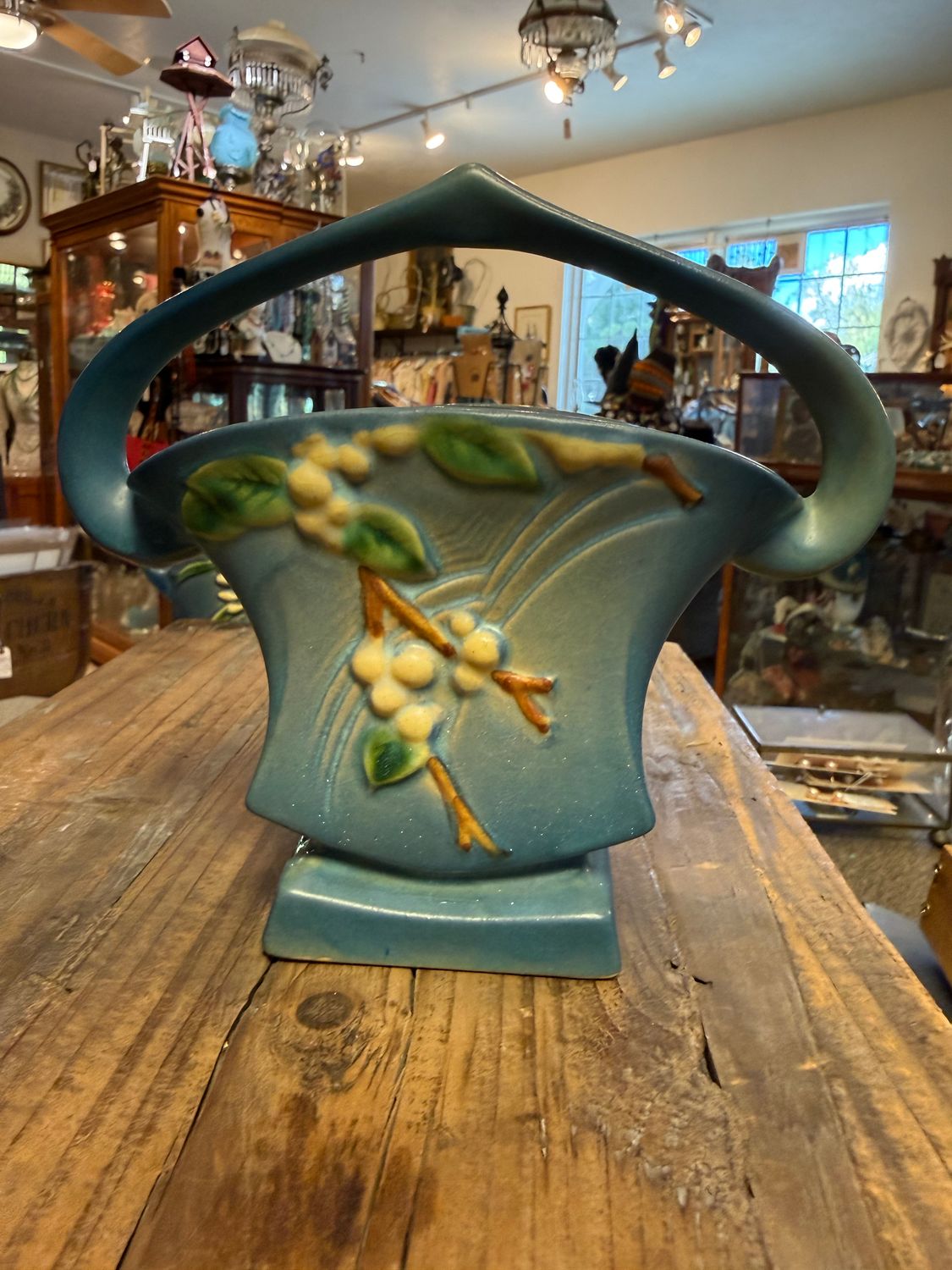 Roseville Pottery Blue 1940s Snowberry Basket Handled