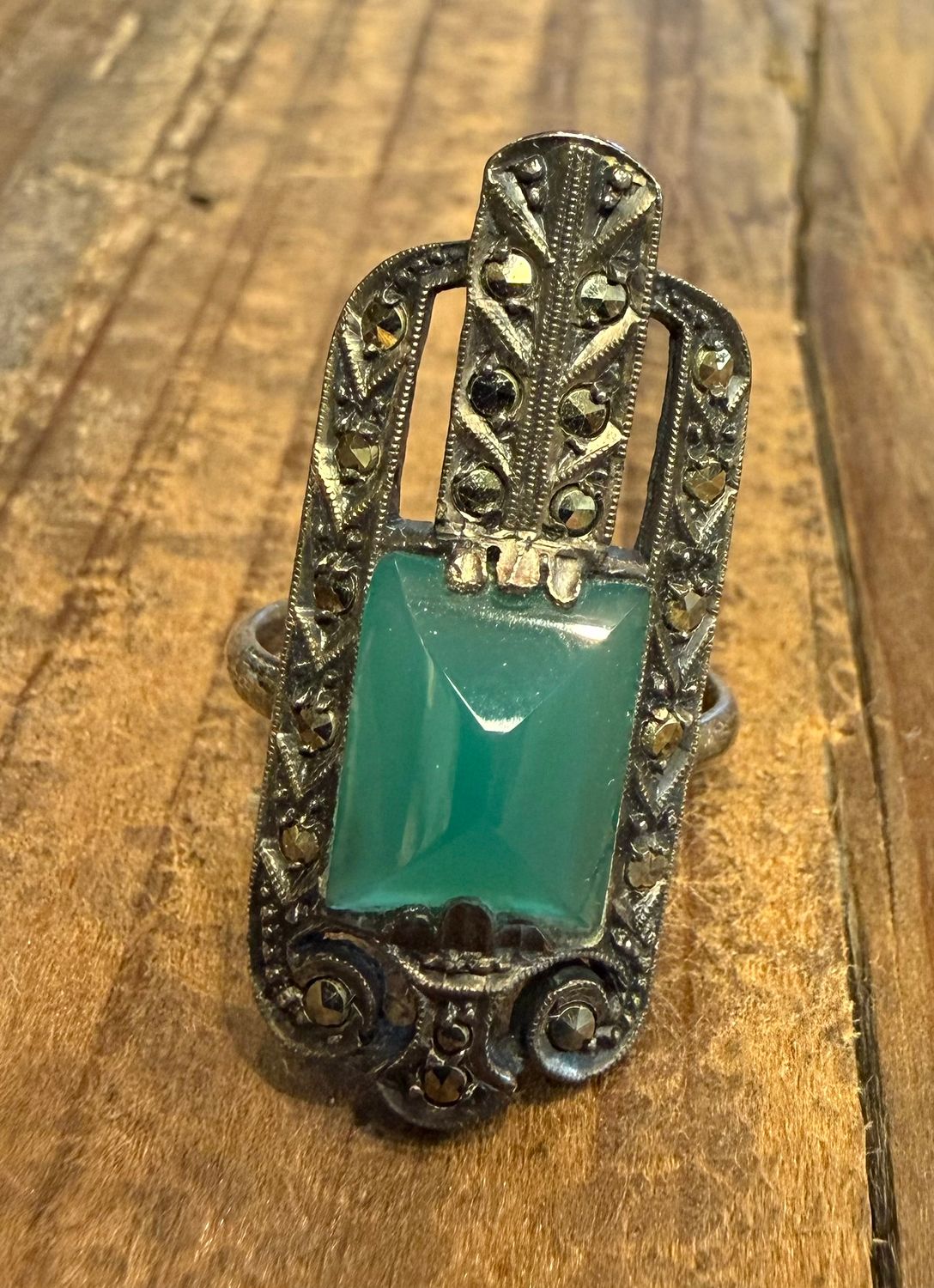 SZ 7 Deco Sterling Chalcedony Marcasite Ring