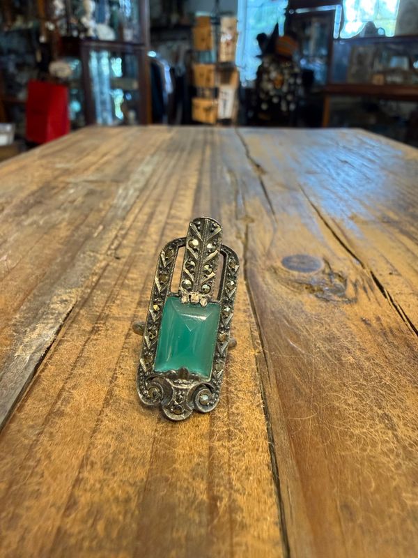 SZ 7 Deco Sterling Chalcedony Marcasite Ring