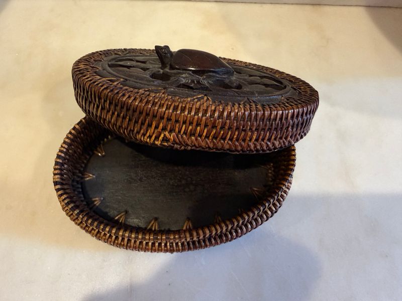 Ratan Box with Carved Wood Turtle Open Work Lid