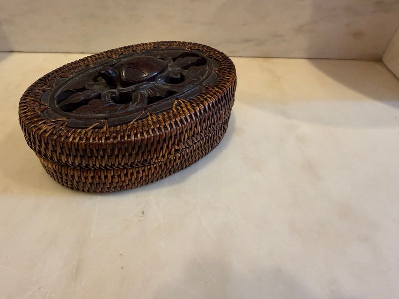 Ratan Box with Carved Wood Turtle Open Work Lid
